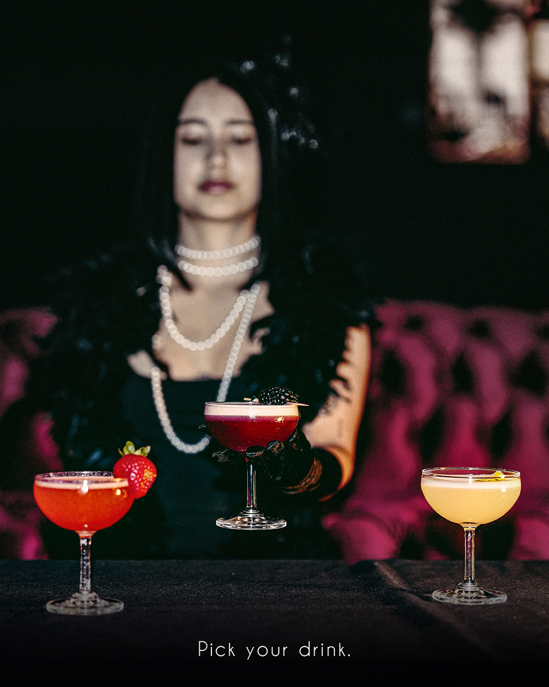 Three signature cocktails on the bar at The Lower