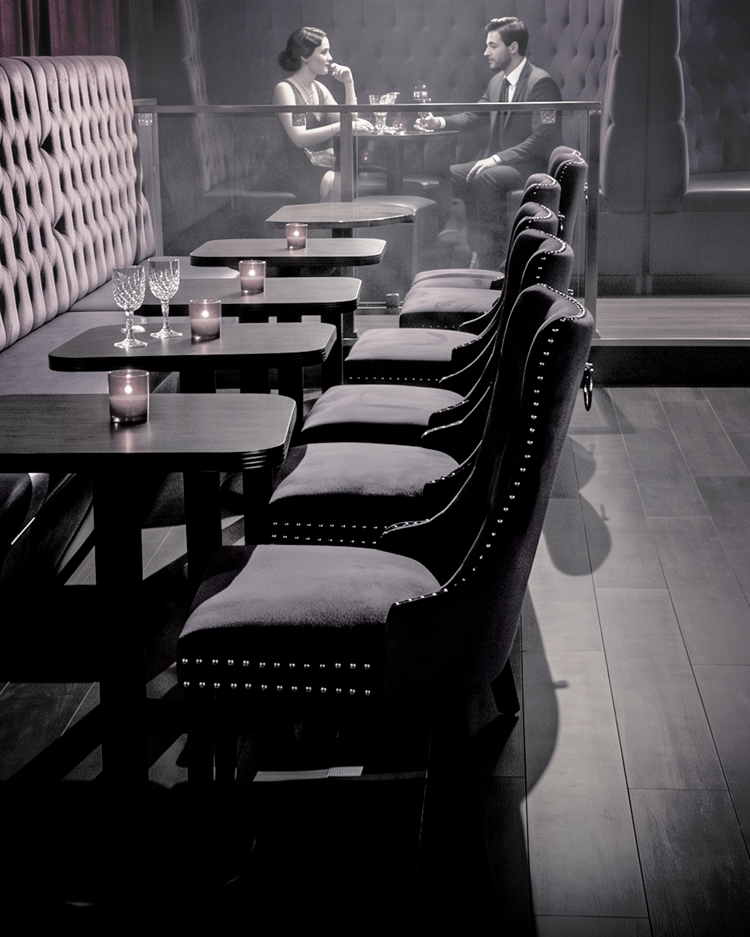 Velvet booths and candlelit tables in the lounge